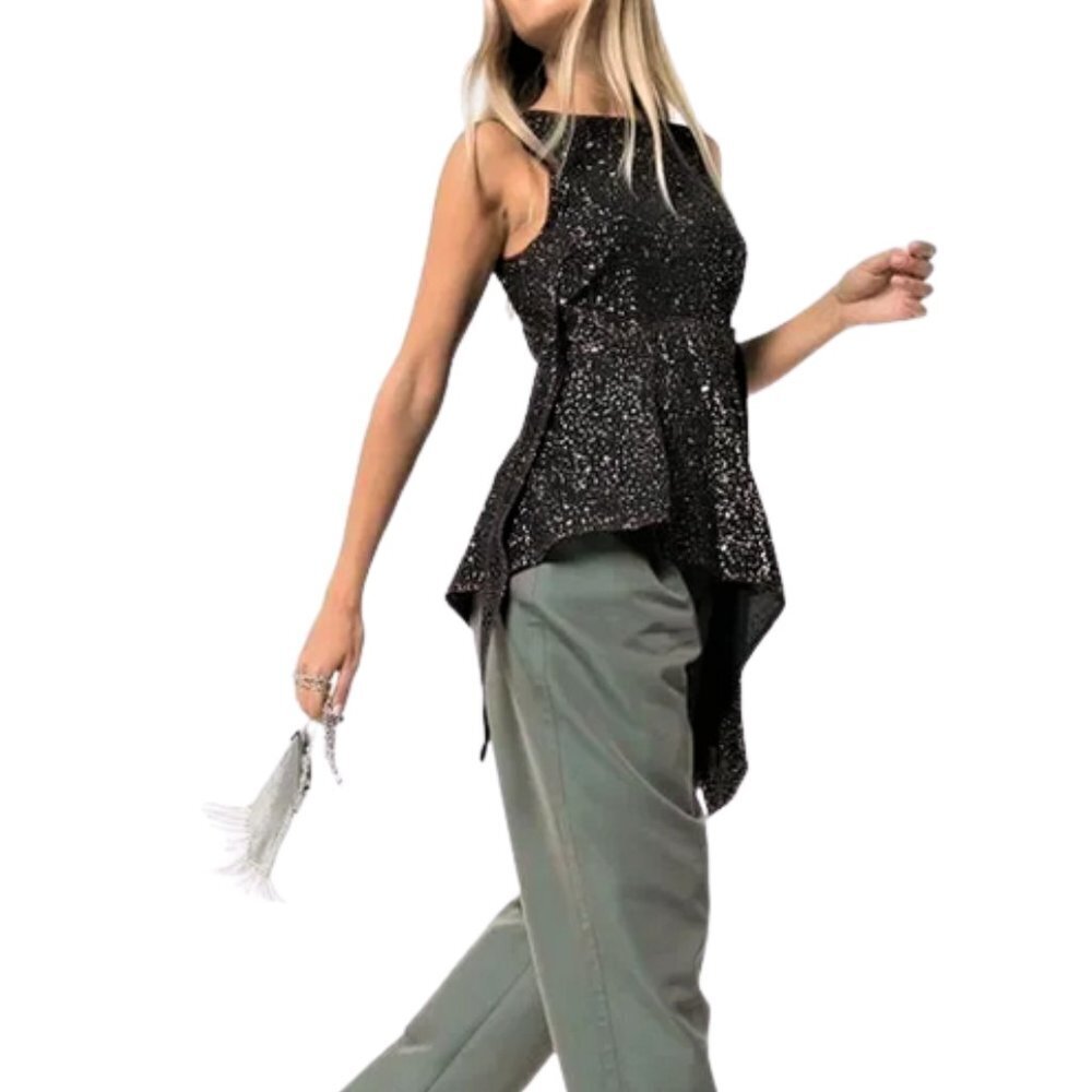 NWT Seis Marjan Genevieve asymmetric glitter sparkle crepe top